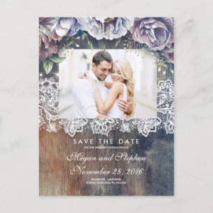 Taupe, Blue en Maroon Bloemen Rustiek Save the Dat Aankondigingskaart