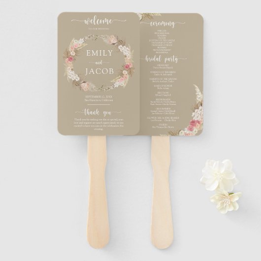Taupe Boho Bloemen Trouwprogramma hand Fan Handwaaier (Voorkant en achterkant)