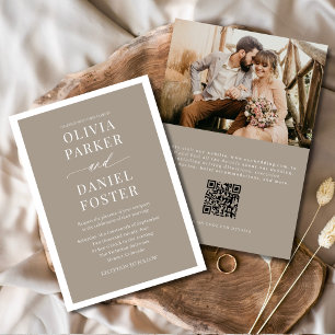 Taupe Boho QR Code Foto Minimalistische bruiloft Kaart
