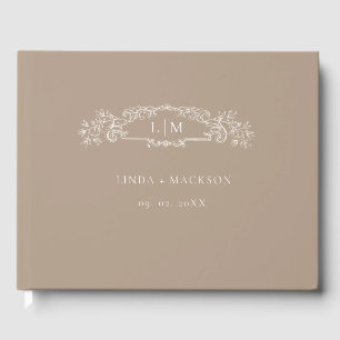 Taupe botanische kam monogram bruiloft gastenboek