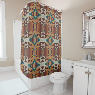 Taupe Brown Blauwgroen Blue Green Tribal Art Patro Douchegordijn
