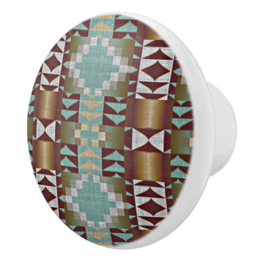 Taupe Brown Turquoise Aqua Blue Tribal Pattern Keramische Knop (Rechts)