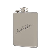 Taupe Bruin Elegante Script Naam Bruiloft Feest Heupfles (Links)