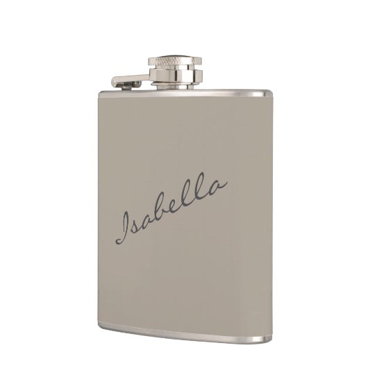 Taupe Bruin Elegante Script Naam Bruiloft Feest Heupfles (Links)