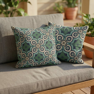 Taupe Bruin Teal Groen Blauw Oriënt Tribale Kunst Buitenkussen