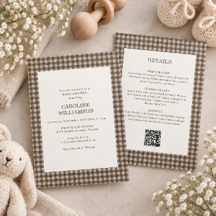 Taupe Bruine Gingham All-in-One Retro Baby Shower Kaart
