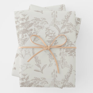 Taupe & Cream Tonal Poison Flower Line Art Inpakpapier Vel