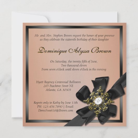 Taupe en Black Diamond Bowed Invite Kaart (Achterkant)