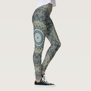Taupe en Blauwgroen Mandala met Tribal Symmetrie Leggings