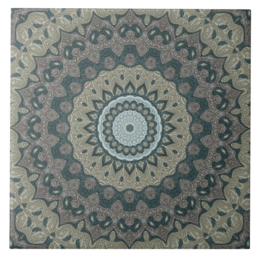 Taupe en Blauwgroen Mandala met Tribal Symmetrie Tegeltje (Voorkant)