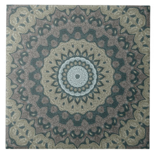 Taupe en Teal Mandala met Tribale Symmetrie Tegeltje