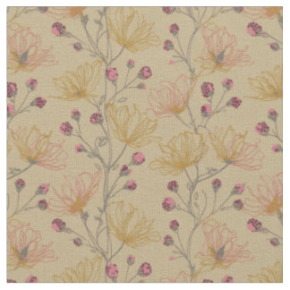 Taupe framboos en mosterd bloemmotief stof