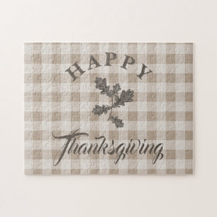 Taupe geruite moderne blad Happy Thanksgiving Legpuzzel