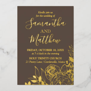 Taupe & Gold Peony Modern Floral Wedding Folie Uitnodiging