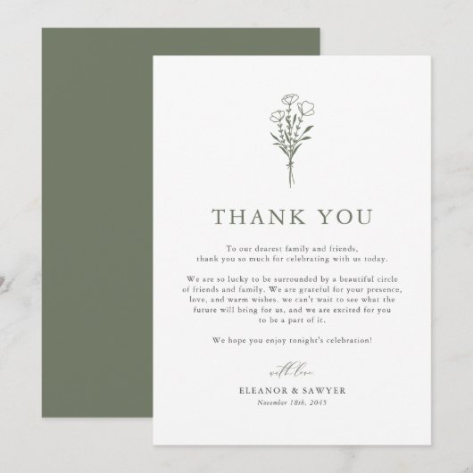 Taupe Green Boho Minimalist Botanicals Wedding Bedankkaart (Voorkant / Achterkant)