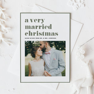 Taupe Green Getrouwd Kerstmis Moderne foto bruilof Feestdagenkaart