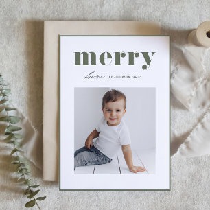 Taupe Green Retro Vrolijk Typografie Foto Kerstmis Feestdagen Kaart