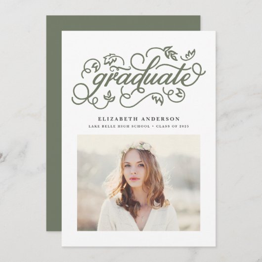 Taupe Green Rustic Calligraphy Foto Afstuderen Aankondiging (Voorkant / Achterkant)