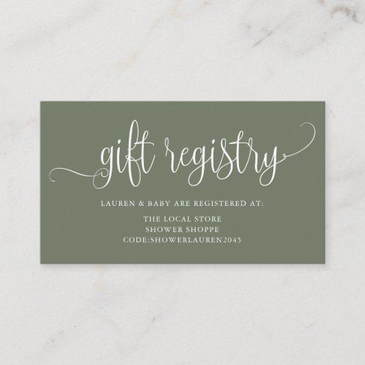 Taupe Green Script Baby shower Registry Informatiekaartje (Voorkant)