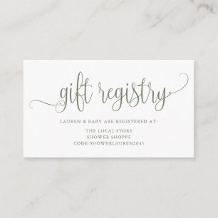 Taupe Green Script Baby shower Registry Informatiekaartje