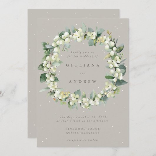 Taupe/Greige Snowberry+Eucalyptus Krans Trouwen Kaart (Voorkant / Achterkant)