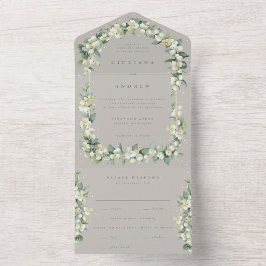 Taupe/Greige Snowberry+Eucalyptus Winterbruiloft All In One Uitnodiging (Binnen)