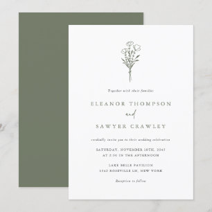 Taupe Groen Minimalistische Bloemen Boeket Huwelij Kaart