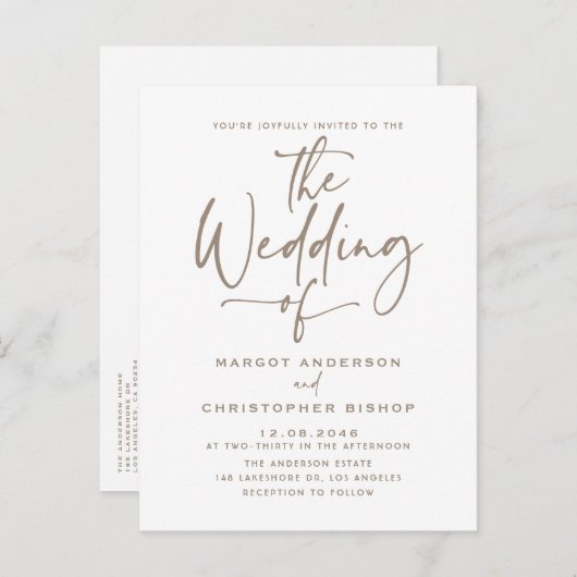 Taupe Hand Lettered Kalligrafie Boho Bruiloft Uitnodiging Briefkaart (Voorkant / Achterkant)