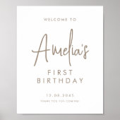 Taupe Handgeschreven Script Eerste Verjaardag Welk Poster (Voorkant)