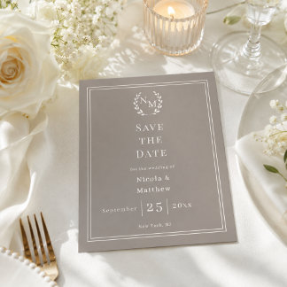 Taupe ivoor monogram krans trouw Save the Date 