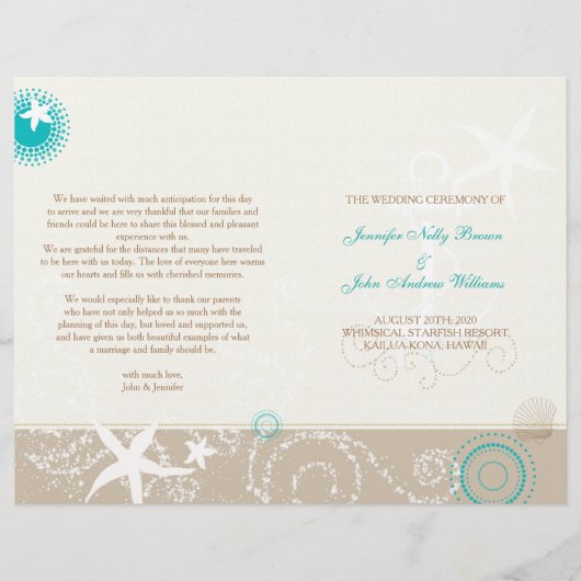 Taupe Ivory Aqua Beach Wedding Bi Fold Programme (Devant)