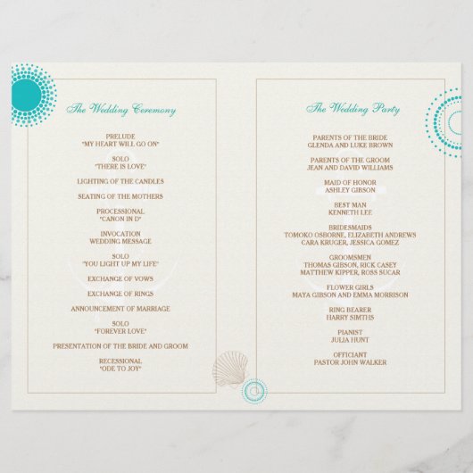 Taupe Ivory Aqua Beach Wedding Bi Fold Programme (Dos)