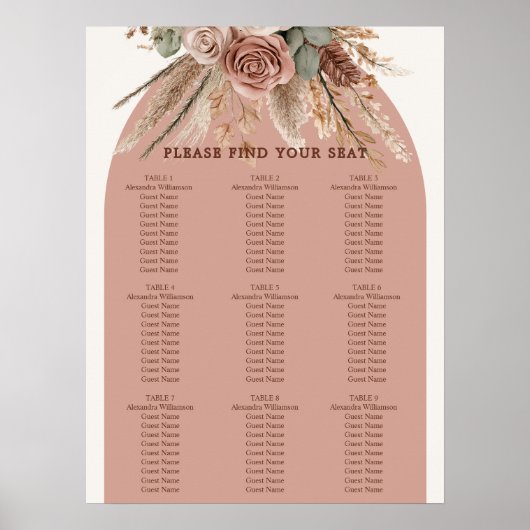 Taupe ivory pampas grass wedding seating chart poster (Voorkant)