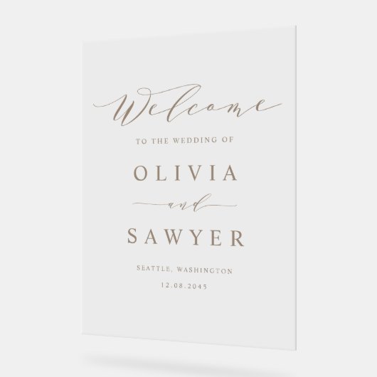 Taupe minimalistisch script bruiloft welkom acryl bord (Hoek)
