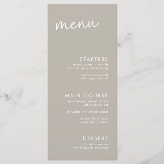 Taupe Minimalistisch Script Vrijgezellenfeest Menu (Voorkant)