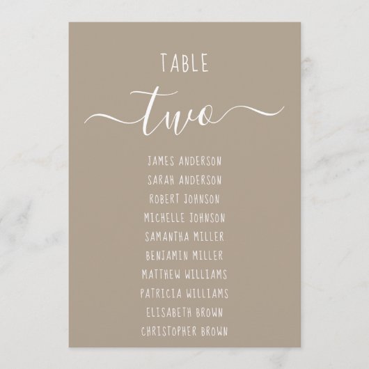 Taupe Modern White Script Brown Seating Chart Card (Voorkant)
