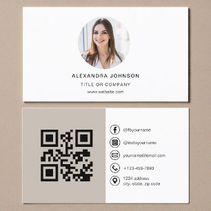 Taupe moderne foto met QR-code sociale media Visitekaartje