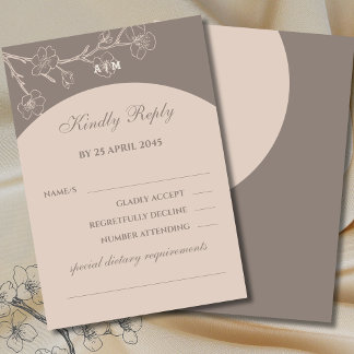 Taupe Monogram Floral Japandi Wedding RSVP Kaart