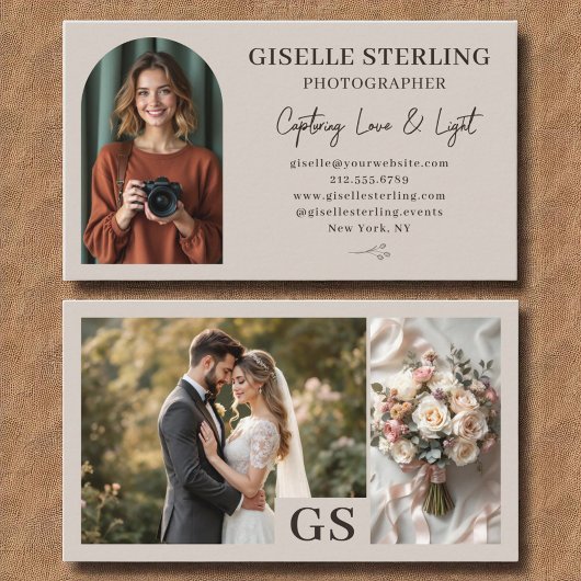 Taupe Neutral Elegant Photo Script Professional Visitekaartje