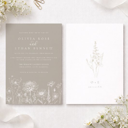 Taupe Neutral Wildflower Wedding Invitation