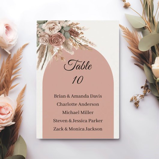 Taupe pampas grass wedding table number names card RSVP kaartje