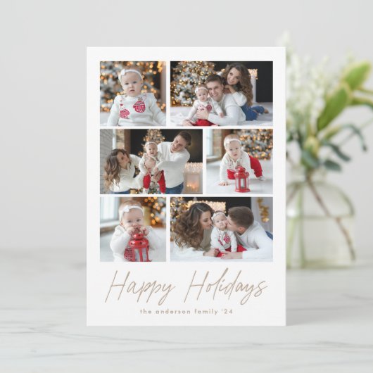 Taupe Prettige feestdagen Script 6 Photo Collage Feestdagenkaart (Staand voorkant)