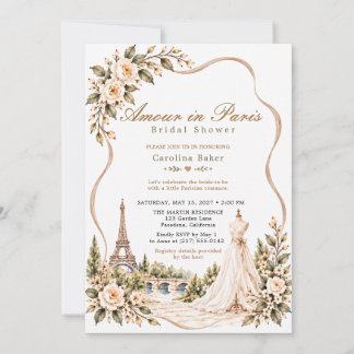 Taupe Romantische Parijse Bloemjurk Bruidsuitnodig Kaart