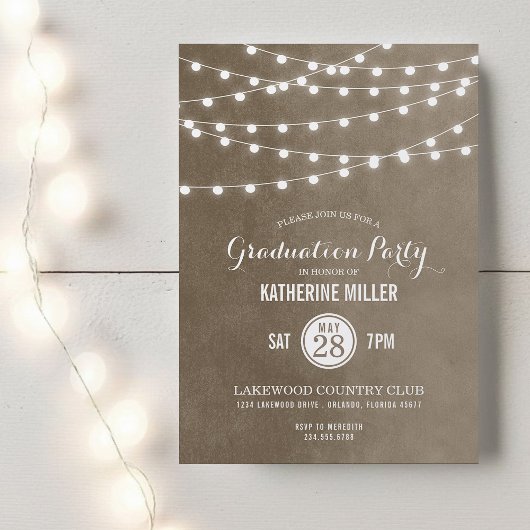 Taupe String Lights Graduation Party Invitation