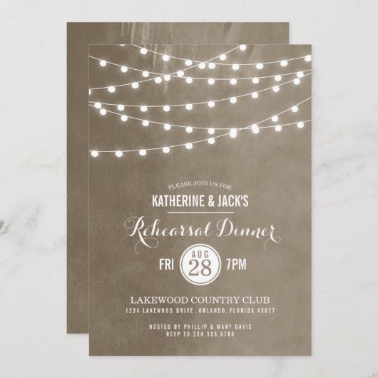 Taupe String Lights Repetitie Diner Uitnodiging (Voorkant / Achterkant)
