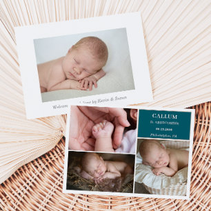 Taupe Teal Baby Fotocollage Aankondigingskaart Kaart