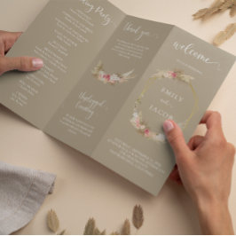 Taupe Tri-fold Boho bloemenbruiloft programma Flye Flyer