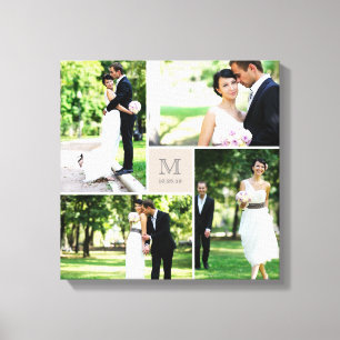Taupe Vierkantig Raster Monogram Trouw 4 Foto Coll Canvas Afdruk