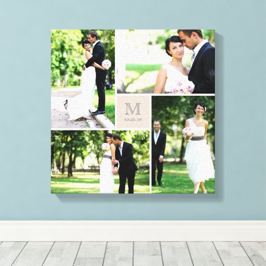 Taupe vierkantig rastermonogram trouwfoto collage  canvas afdruk (Insitu (Houten vloer))