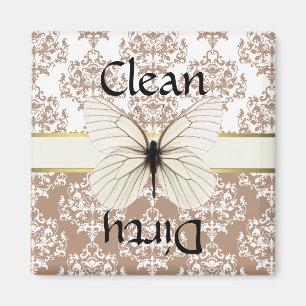 Taupe & White Damask Butterfly Dishwasher Magnet Magneet